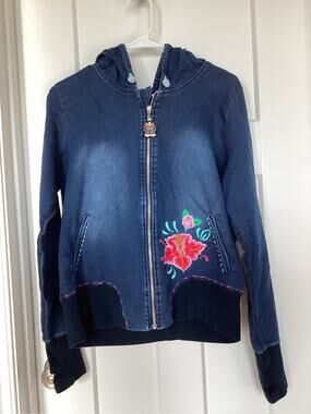 Ay Guey Vibrant Embroidered Denim Hoodie zip up sweatshirt jacket womens large